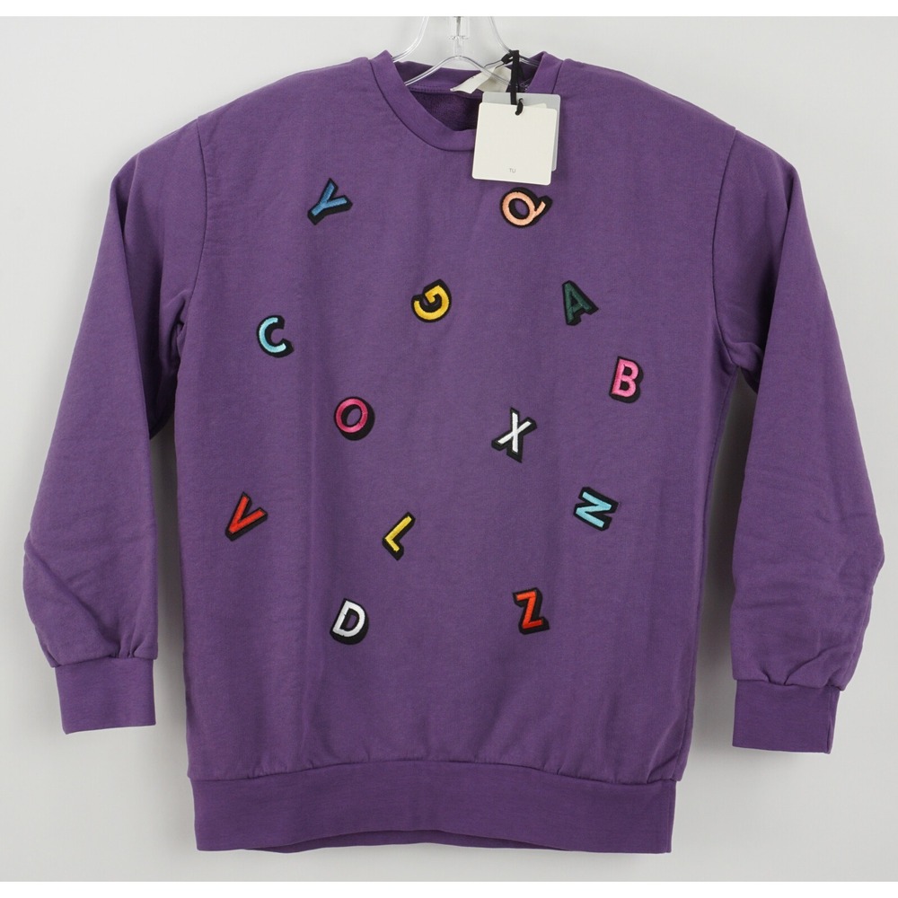 New Vicolo Women's 42 Purple Alphabet Embroidered Terry Cotton Ribbed Sweatshirt